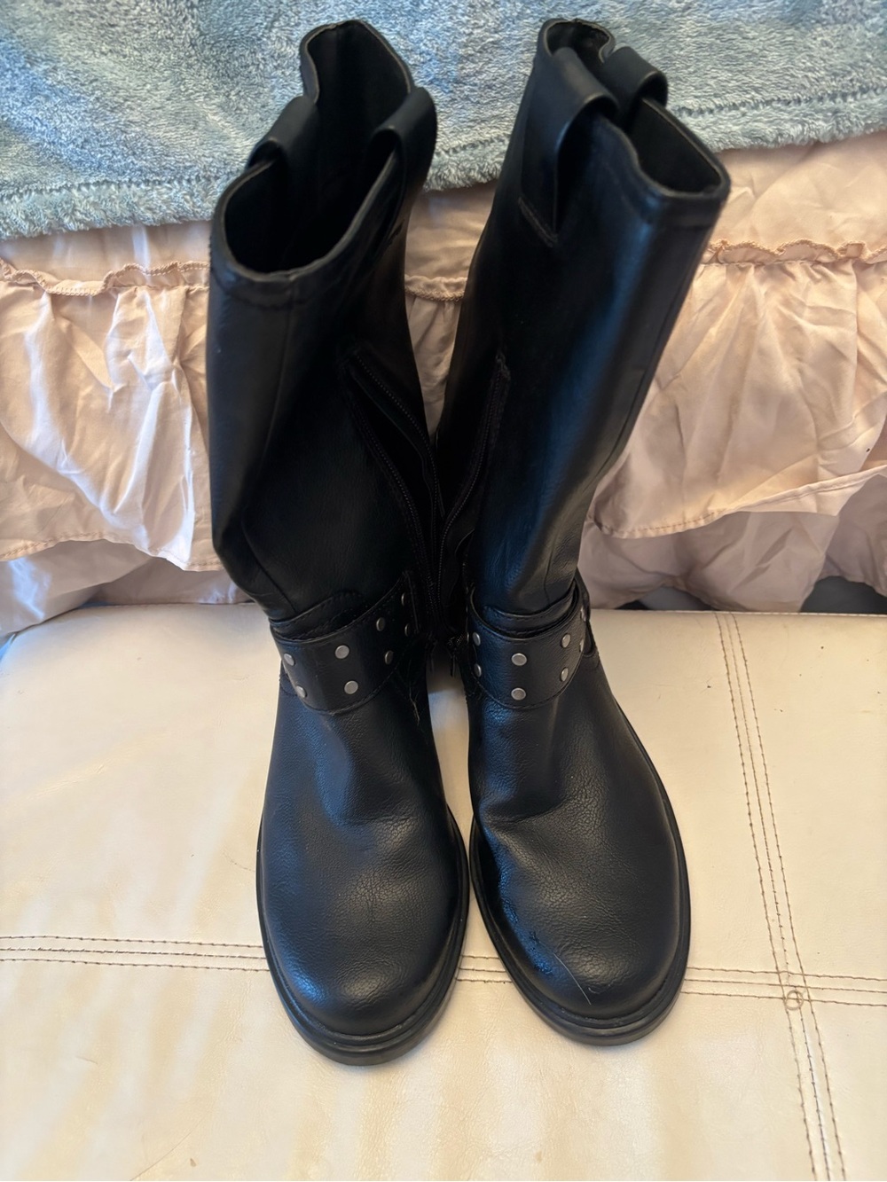 Zodiac Black Leather Mid-Calf Heeled Boots with Stud Strap